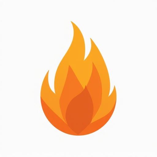 Simple illustration of a flame design with teardrop shape. Top ends in stylized flame-like points. Bright color palette with orange, yellow, and red tones.