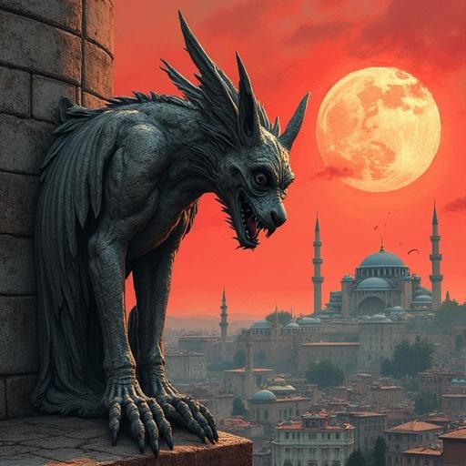 Generative AI artwork depicting the Fall of Constantinople. A crumbling stone gargoyle perched atop Hagia Sophia. Dark and grim tone with unusual perspective. Oil pastels on rusted sheet metal. Blending gothic art style with smudged chiaroscuro shadows. Capturing despair of defenders under a blood-red sky. Gargoyle's cracked visage reflecting sorrow and history.