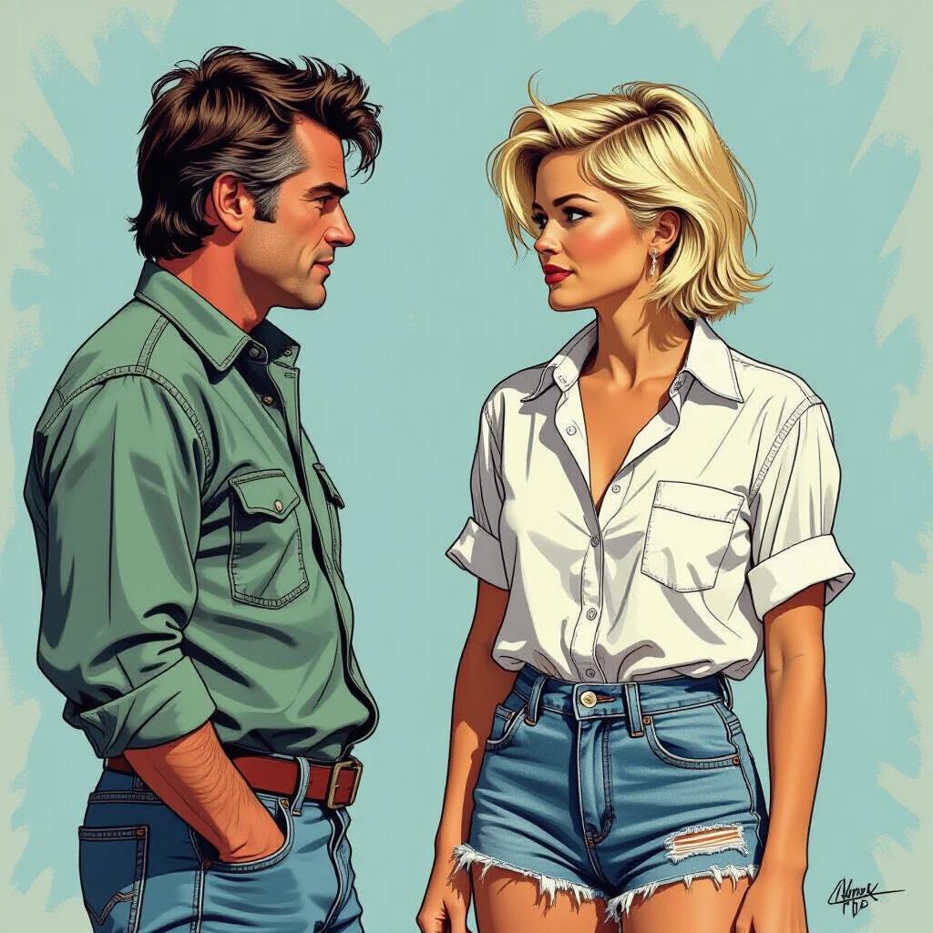 Illustration of two characters in a comic-strip style. One character has a punky hairstyle and is wearing a knotted white shirt and denim shorts. The other character is dressed in a dark green shirt. They are standing opposite each other.