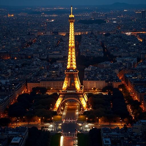 Aerial view of Paris during night time featuring the illuminated Eiffel Tower and surrounding city lights.