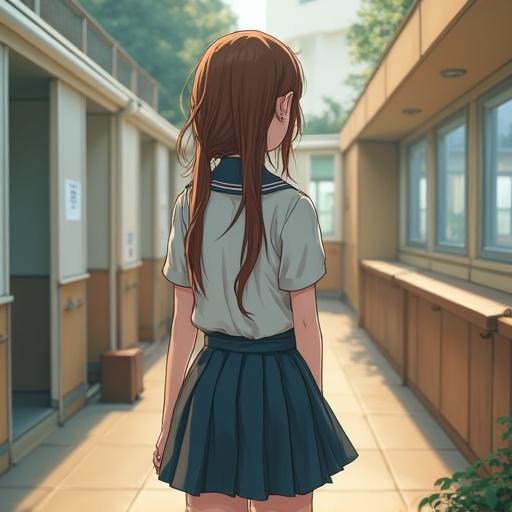 A schoolgirl in a mini skirt walking down a corridor. She has long hair and wears a school uniform with a blue skirt and a white top. The scene is set in a school environment with a warm and inviting atmosphere.
