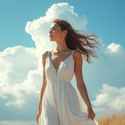 A young woman inspired by Hebe stands beneath a vast midsummer sky. She wears a pure white summer dress with bare shoulders. Her skin glows in sharp sunlight. Long hair flows in the breeze. Towering clouds rise against a blue sky. Magical particles drift in the warm air. The scene is elegant, timeless, and dreamlike with ultra-detailed, photorealistic lighting.