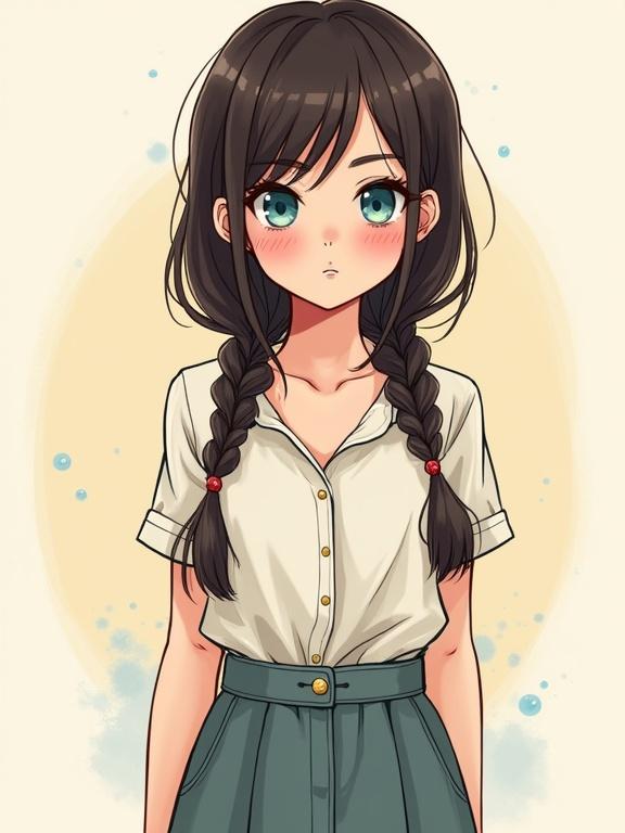 Full body portrait of a teenage girl. She is Caucasian with long dark brown hair styled in two braids. Her outfit includes a button-up blouse and a long skirt. The expression is youthful and friendly. The background is trendy. The style is soft with smooth lines.