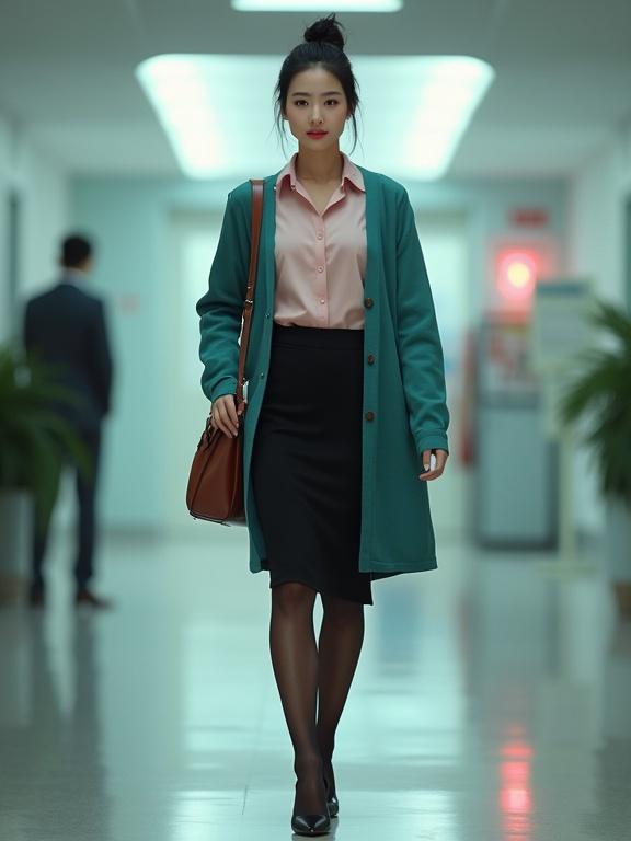 Full body image of a young female agent in a business corridor. She wears a blush-pink blouse, black knee-length skirt and teal cardigan. Dark-brown pantyhose and black ankle-strap pumps are worn. Agent carries files and a brown satchel. Black hair is in a bun. She has light makeup and a determined smile. Agency building has a sci-fi style.
