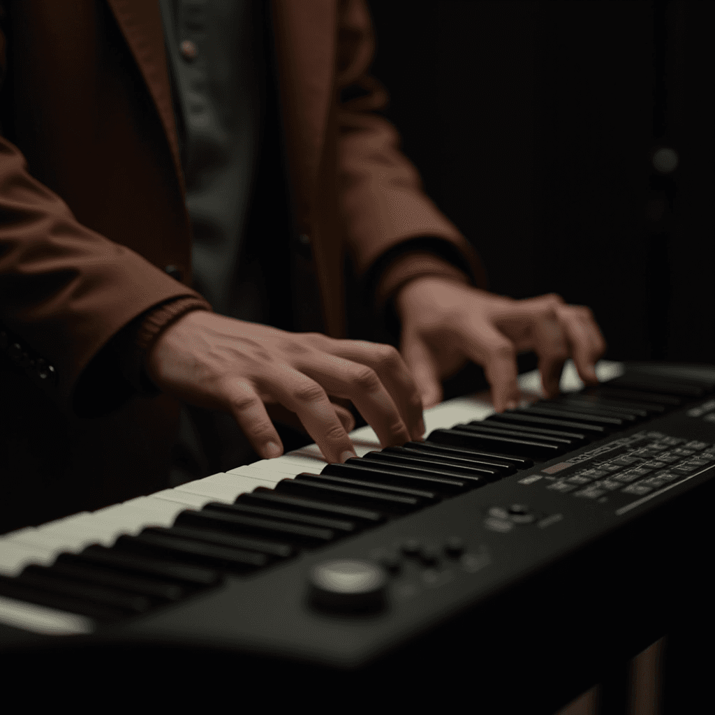 A person in a brown coat playing a black keyboard with focused hands.