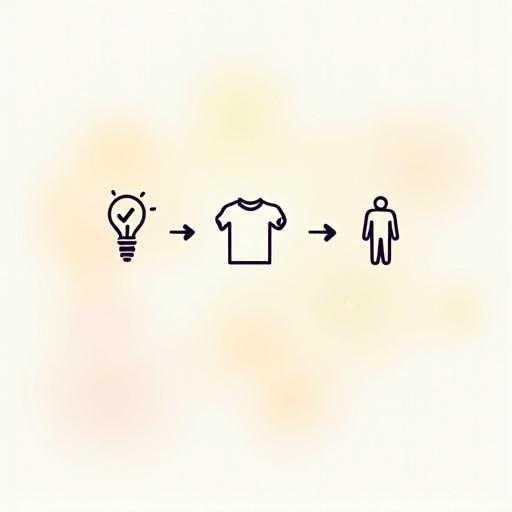 Flat lay illustration showing a light bulb icon connected by arrows to a t-shirt outline followed by a simple human figure. Abstract light colored background. Minimalistic design elements.