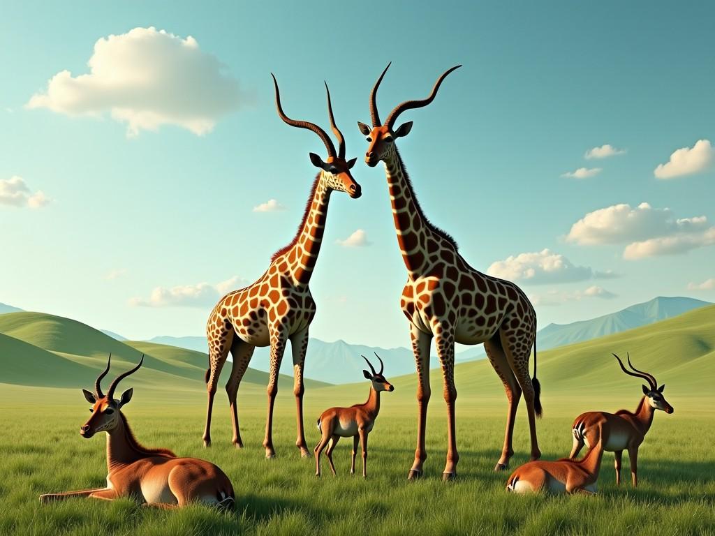 The image depicts a surreal landscape showcasing a group of hybrid animals that combine features of giraffes and antelopes. Two larger creatures stand in the foreground, displaying the body structure of giraffes with the majestic horns of antelopes. They are set against a vast green savanna, complemented by rolling hills that stretch into the distance. A bright, clear blue sky filled with fluffy white clouds enhances the tranquil atmosphere. Smaller versions of these hybrid animals roam around, resembling traditional antelopes but with elongated necks. The peaceful scene is completed by a small antelope resting in the foreground, embodying an imaginative blend of wildlife.