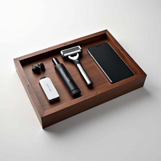 Shaving kit with razor, foam, post-shave items on a wooden table. Includes passport, wireless earbuds, smartphone. Minimalist style, white background, focus on practicality and mobility.