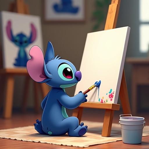 Character Stitch holds a paint brush. Stitch paints on an empty canvas. Background shows art workshop. Paintings of Stitch are visible. Floor has paint buckets.