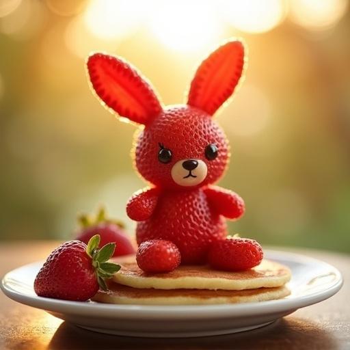 Strawberry-shaped bunny sitting on a plate, made of strawberries, resting on pancakes, depicting a cute breakfast scene in warm morning light during sunrise.