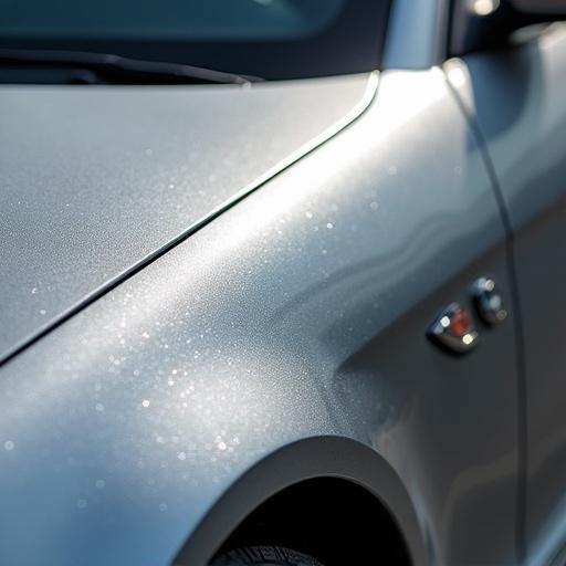 Close-up macro view of a silver metallic car surface after a spray gun paint job.