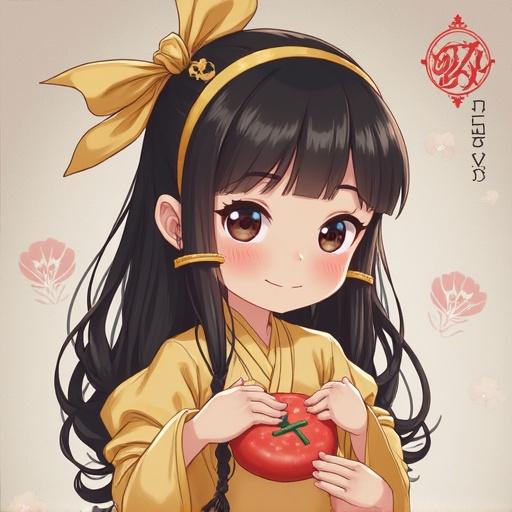 A young Japanese girl wearing a yellow kimono holding a decorative item. The girl has long black hair with a hair ribbon. The background features subtle floral elements.