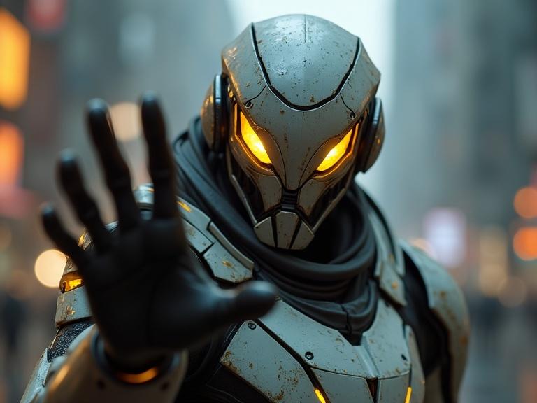 A warframe standing with its hand raised to the camera. The character has glowing orange eyes. The environment suggests an urban setting with a soft focus background.
