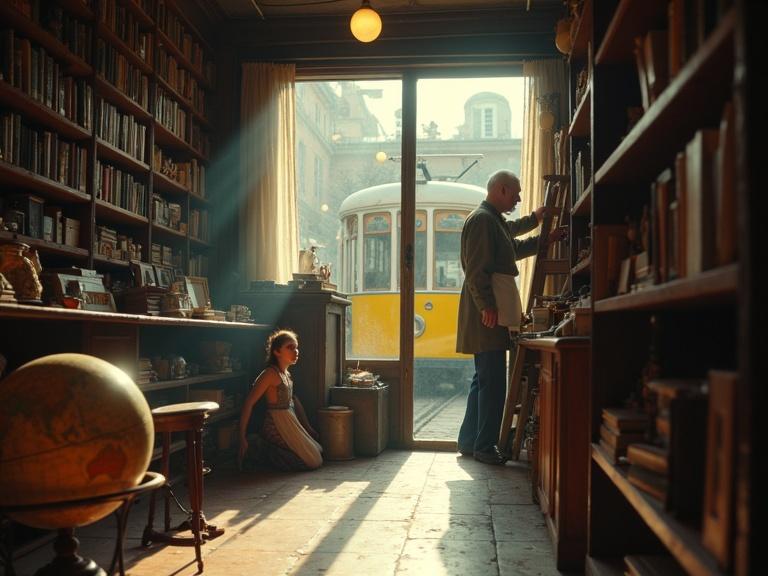 Wide-angle cinematic shot inside a dusty antique shop. Foreground shows young girl with red glasses inspecting vintage globe. Middle ground features elderly shopkeeper on ladder reaching for book. In background, yellow tram passes by in front of the shop's window.