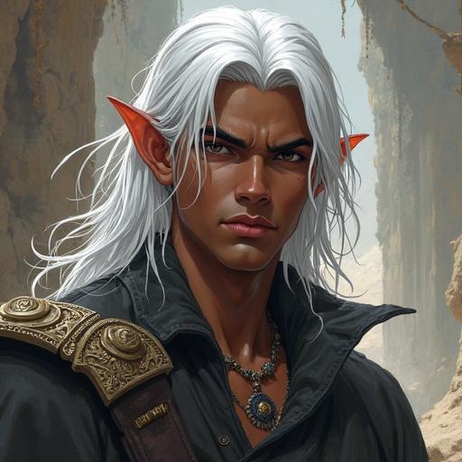 Illustrated character of a young black man with long silver hair and beast horns in a fantasy world.