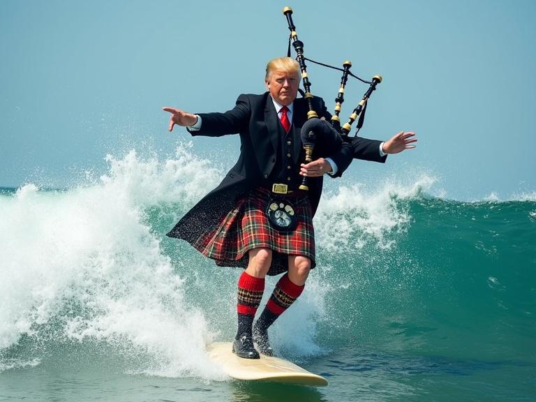 Donald Trump plays bagpipes while surfing on the ocean waves wearing a Scottish kilt. He performs a barrel roll amidst the surf.