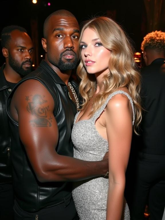 18 year old singer at awards after party. Young woman with long blonde curly hair styled elegantly. She wears sparkly silver dress with cowboy boots. Older man in black leather vest holds her firmly. She appears intoxicated with dazed expression. Crowded by others in the nightlife scene