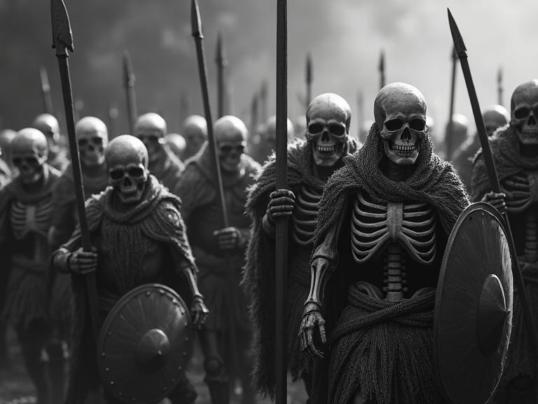 Chiaroscuro shot of a frightening 17-unit skeleton army in a chaotic formation. Skeleton warriors vary in distressed armor from full plate to chainmail exposing bones. They wield shields, swords, axes, and spears, creating a chilling atmosphere.