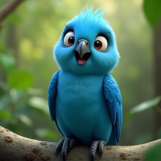 A hyper-realistic 3D portrait of a blue parrot named Neela. She has big expressive eyes and a cheerful smile. Her feathers are sky-blue with delicate white spots. She is perched on a mangrove branch in a brightly lit forest. The background features vibrant greens and blues. The image has a 16:9 ratio.