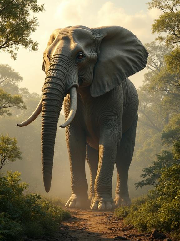 Photorealistic mid-shot of a colossal hybrid creature combining an elephant and a giraffe towering over a dense forest under a golden sky. The creature has a robust elephant-like body with giraffe-like spots. Long neck topped with a giraffe’s head and soulful eyes. Massive trunk-like appendage swings gently with giraffe patterns. Sturdy legs crush small trees. Sunlight filters through the canopy casting shadows. Misty jungle background enhances its presence. Dust clouds and skin details add realism.