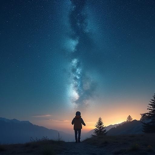 Child in a jacket running under a vast starry sky at twilight