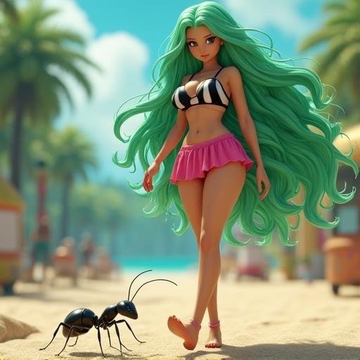 Curvy woman with long neon green hair seen from an ant's point of view. Stepping over the ant. Wearing black and white striped bathing suit top and pink bathing suit bottom. Park setting. Highly detailed and cinematic lighting.