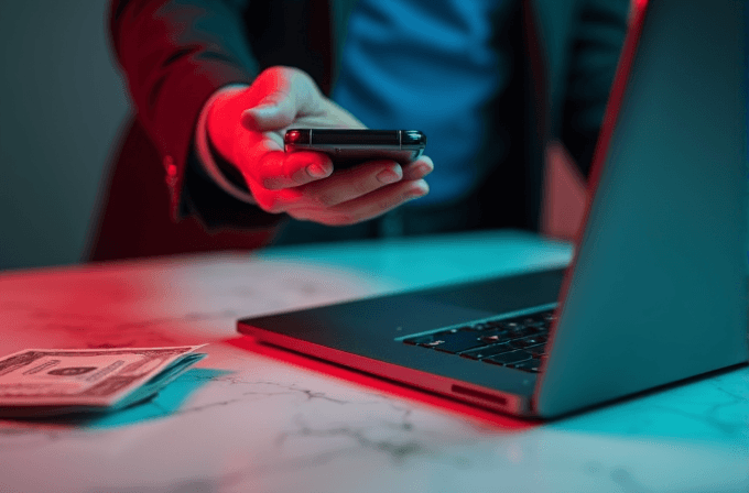 A person holds a smartphone near a laptop with dollar bills on a marble surface, bathed in red and teal light.