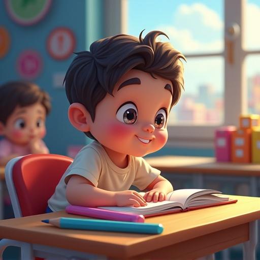 Cute cartoon baby boy sits at colorful school desk. Surrounded by books, pencils, and blocks. Fantasy classroom with soft lighting and pastel colors. Cheerful and dreamlike atmosphere, detailed, sharp focus, studio illustration.