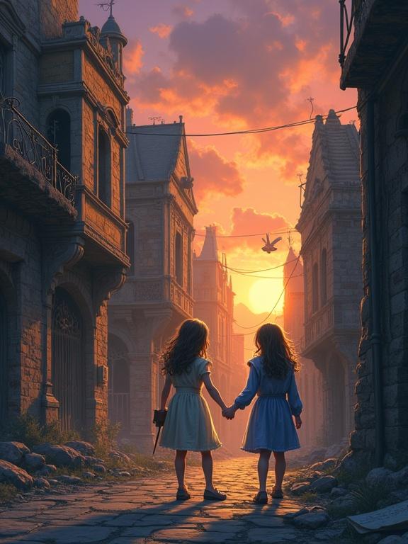 A digital cover design for a young adult dystopian novel titled Los Olvidados de la Luz. An image of a ruined street in Lunareth under a twilight sky, showcasing crumbling skyscrapers. In the foreground, two girls, one in a pastel yellow dress and the other in lavender blue, hold hands. One girl has messy hair and holds a doll while having an open illustrated storybook, with translucent visions floating above. The other girl wears a glowing Krasyl pendant. A blurred figure of a father observes from the shadows of an abandoned mansion. Details include a barter sign and distant land hints. The title appears in weathered elegant typography with 'Luz' in gold. The image balances themes of hope and desolation.