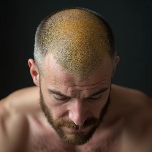 Close-up of a man's scalp featuring yellowish scales along the hairline. The man has a short beard and is looking down, with a focus on the scalp condition.