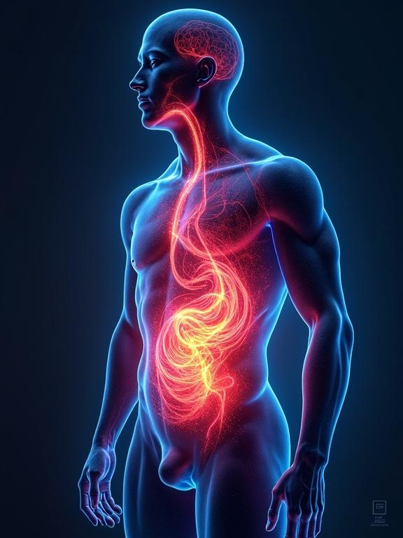 Human silhouette with swirling colorful vortex in the stomach area. Dynamic vivid neon colors. Realistic style.