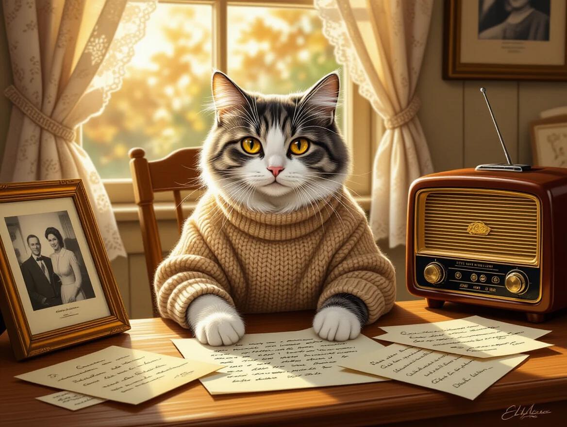 An elderly gray and white cat with wise amber eyes sits in a vintage 1940s kitchen wearing a small knitted sweater. The cat is surrounded by handwritten letters and old family photographs. A radio plays softly in the background. Warm golden hour lighting filters through lace curtains, creating a nostalgic atmosphere. The artistic style resembles an oil painting and is highly detailed. The image tells an emotional story.