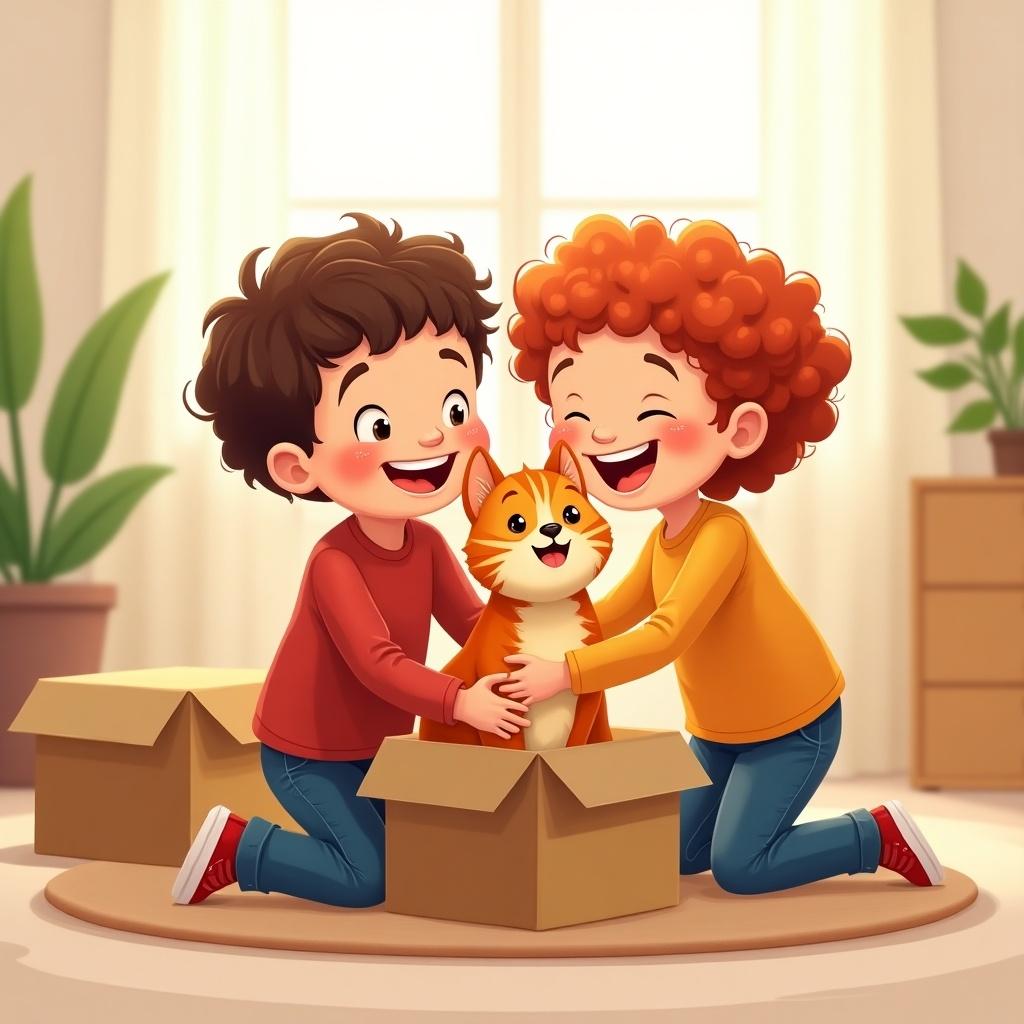 Cheerful cartoon scene of two children packing boxes together. Boy has brown hair in a red shirt. Girl has red curly hair in an orange top. Both are smiling joyfully handling cardboard boxes. The background is simple and light in color. Highlight happiness and teamwork. They hug an orange tabby cat in a cozy room with soft light and plants.