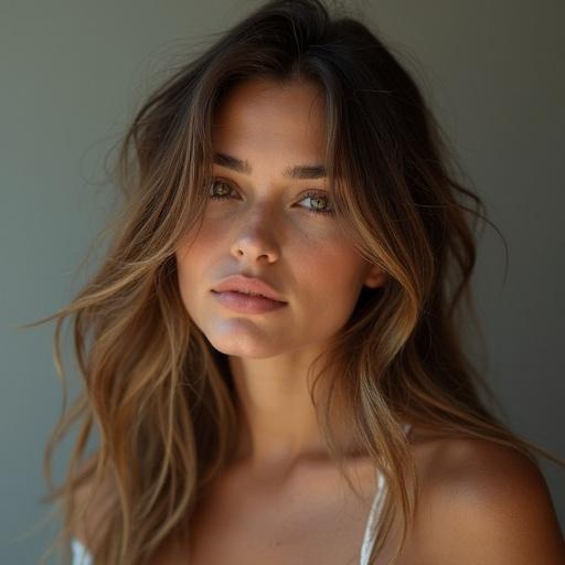 Close-up portrait of a beautiful woman with soft waves in her hair and a gentle expression