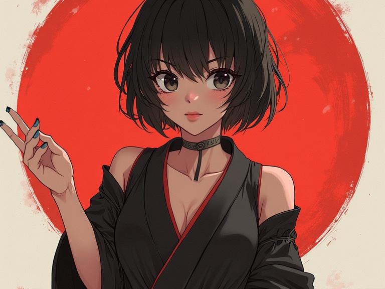 Anime character design featuring a beautiful ninja girl with short black hair in a black outfit. She poses playfully with a peace sign in front of a red circular background.