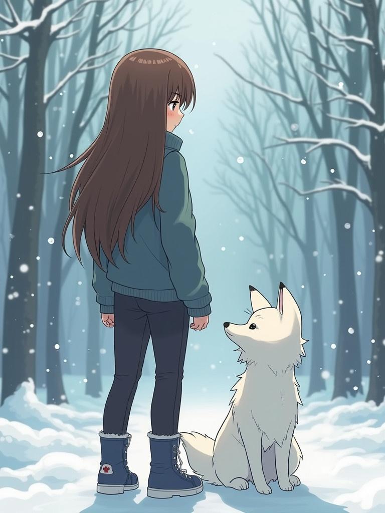 Anime character faces a cute arctic fox in a snowy forest. Girl has long brown hair wearing a sweater. Snowfall surrounds them. White fur of the fox stands out against the winter scenery.