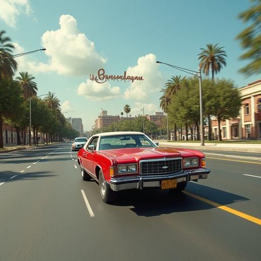 Dynamic action scene on Avenida Universidad in Monterrey. Iconic red Ford Gran Torino prominently featured. Car in high-speed maneuvers. 1970s television aesthetic. Surroundings include Estadio Universitario and urban buildings. Warm editorial color palette. Pedestrians dressed in 1970s fashion. Retro vibe with slight motion blur and film grain effects.