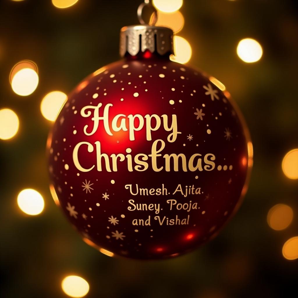 Close-up view of a red Christmas bauble. Text says 'Happy Christmas...' with names. Twinkling lights in the background create a festive atmosphere. Suitable for holiday cards and decorations.