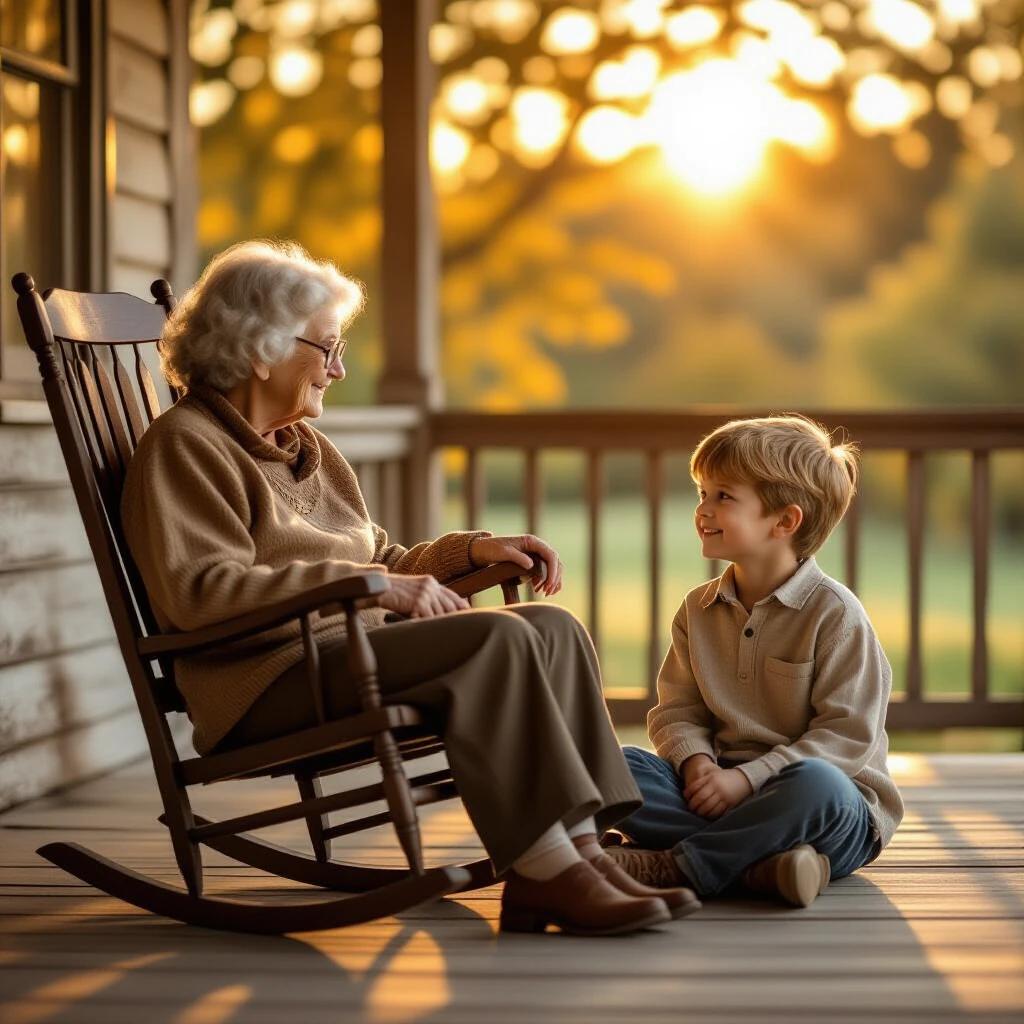 elderly woman in vintage rocking chair interacts with young boy sitting on porch during golden hour warm expressions connect generations soft lighting dappled shadows rustic background photo-realistic detail