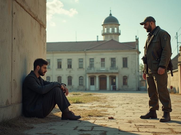 Photorealistic scene depicts a young Turkish man sitting against a wall in an open Turkish prison yard. He looks contemplative. A bulky Turkish prison guard stands nearby towering over him. Empty surroundings offer a stark contrast.