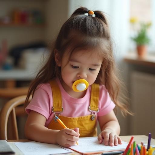 A 10-year-old girl with long hair plays at home. She wears a pink t-shirt and yellow dungarees. A big pacifier sits in her mouth. The girl is doing school homework.