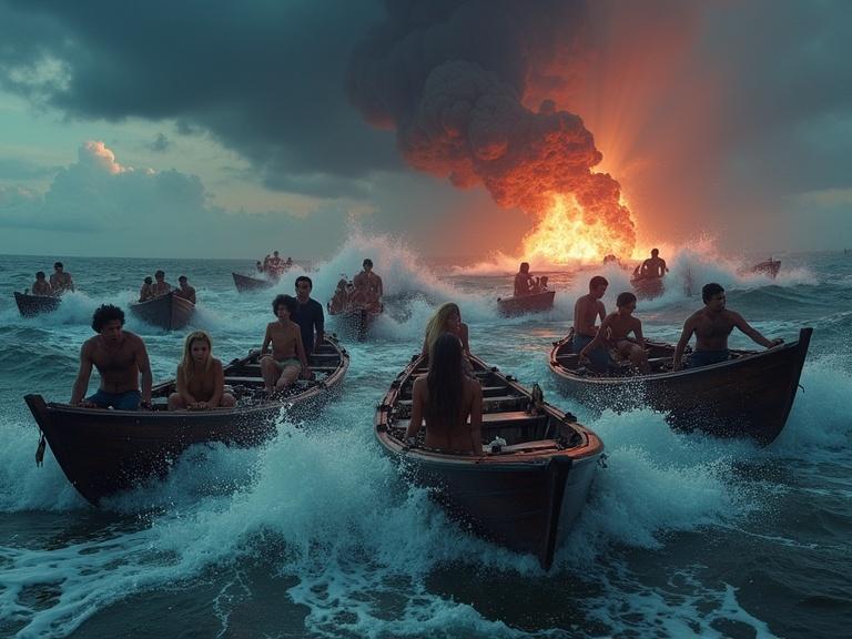 Several small wooden boats in rough ocean waters. Waves crash violently around them. Some boats tipping or damaged with wooden debris nearby. Diverse adults onboard show fear and urgency. Dark sky filled with storm clouds, flashes of lightning, fiery glow from erupting volcano. Cinematic lighting emphasizes drama and chaos.