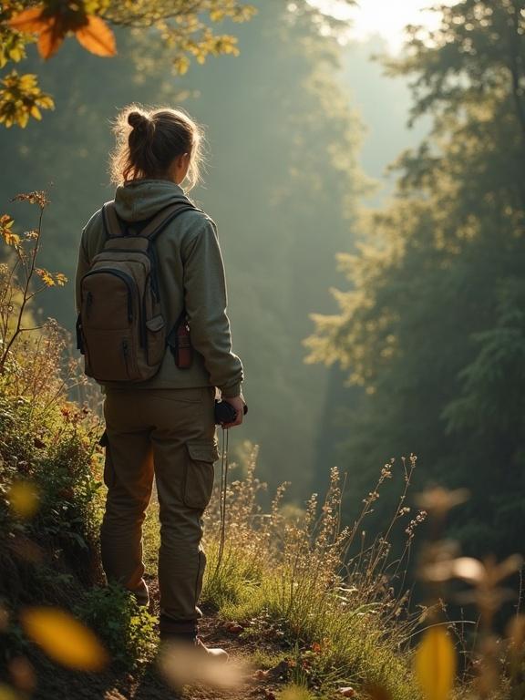 Person standing on hillside during golden hour. Individuals engage in photography. Surrounded by nature and foliage. Emphasis on learning and exploration in photography.