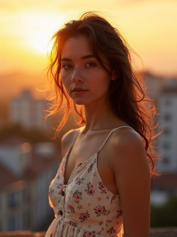 The image displays a woman with tousled dark brown hair wearing a light summer dress featuring a delicate floral pattern. She stands outdoors during sunset in an urban city. Warm evening light casts a golden glow around her, blending with soft sky hues and distant building silhouettes. The composition captures her poised expression and graceful presence.
