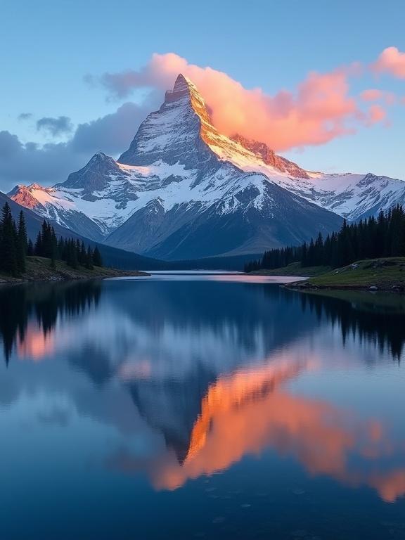Landscape featuring a snow-capped mountain lit by sunlight reflected in a calm lake. The mountain has a pyramidal peak, jagged ridges, and lavender blue shaded areas. The lake is glassy blue, reflecting warm hues. The sky transitions from deep blue to orange-pink clouds. Evergreen trees flank the landscape.