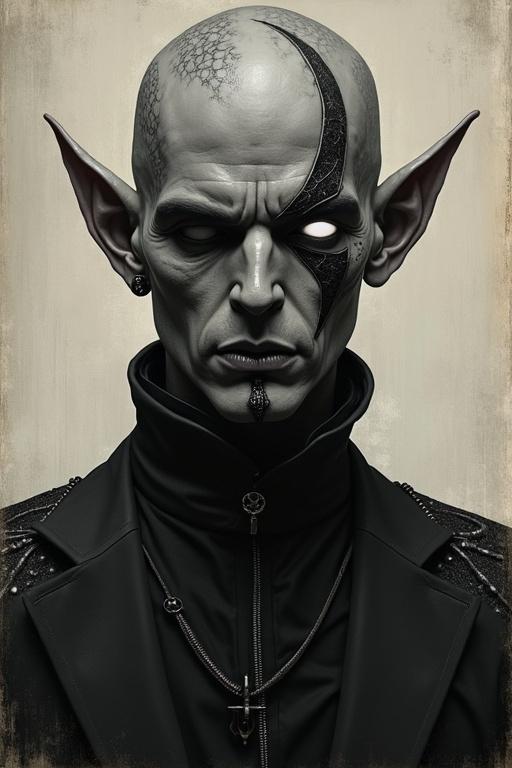 Tall lean man in black suit with leather inserts. Dark elf features include pointed ears and dark gray skin. Bald head with ornate tattoos. One eye is completely white. Other eye has dark crescent moon design. High cheekbones and hooked nose. Thin lips stitched with black threads.
