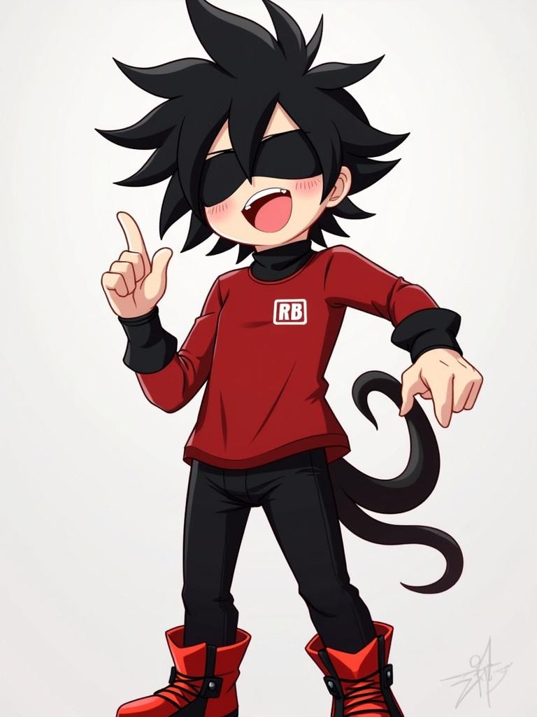 Character design featuring a playful anime-inspired young boy. He has black spiky hair and is wearing a red shirt with an RB logo. The outfit includes black pants and striking red boots. A black mask covers his eyes, adding a mysterious touch. The character strikes a fun pose with an upbeat expression.