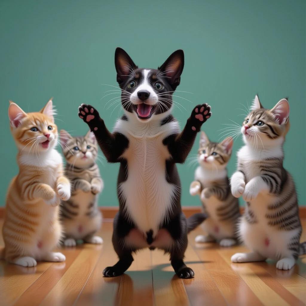 A cheerful group of different cat breeds and a dancing dog in a room. Pets are standing on their hind legs, appearing playful and animated. Background is a simple green wall with wooden flooring.