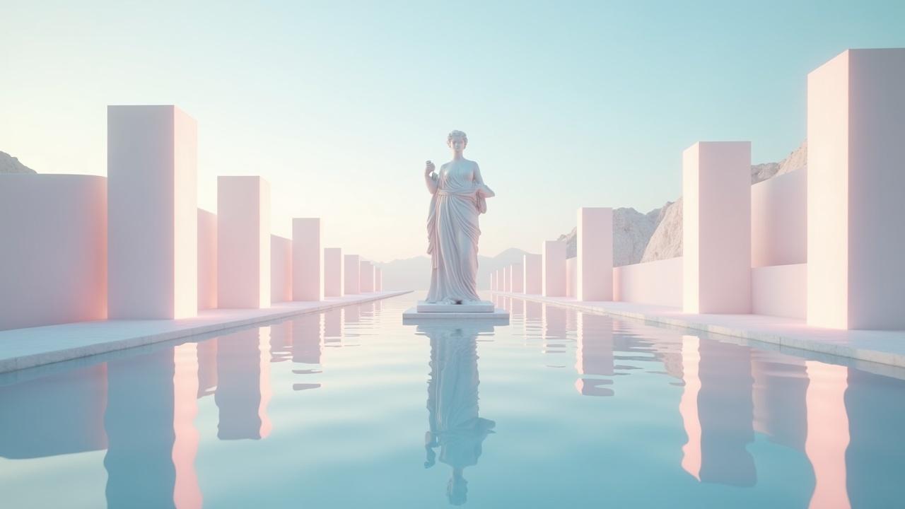 The image depicts a serene landscape featuring a neoclassical statue at the center of a reflective pool. Soft pastel hues dominate the composition, creating a calming atmosphere. The scene is framed by minimalist vertical structures on either side, enhancing the symmetry and aesthetic appeal. The lighting is soft and diffused, adding to the dreamlike quality of the setting. This artwork draws on elements of classical architecture and modern minimalism, inviting the viewer into a tranquil space.