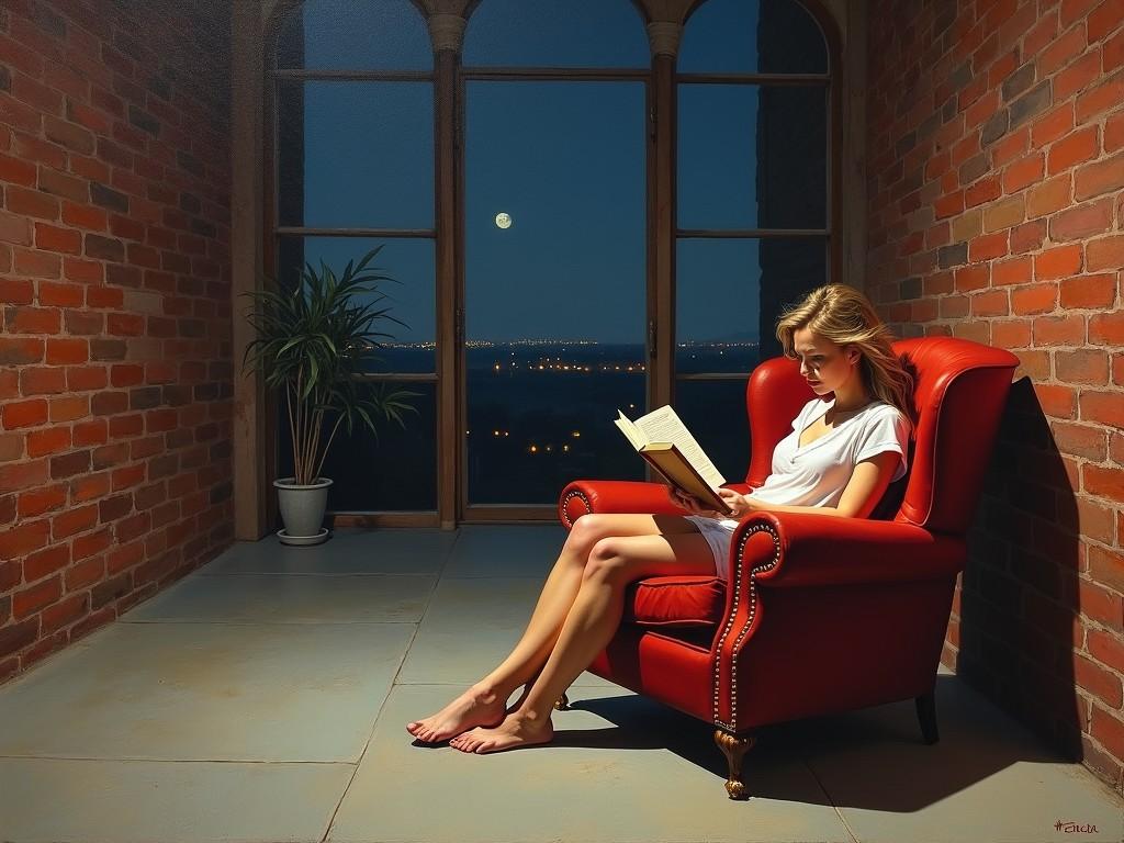 A woman sits peacefully in a red armchair, engrossed in a book. She is illuminated by soft, warm indoor lighting against the backdrop of a large window showcasing a serene night sky with a full moon. The room's brick walls and the potted plant nearby add to the cozy yet contemplative ambiance.